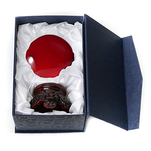 Amlong Red Crystal Ball with Redwood Lion Resin Stand