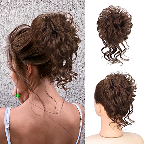 100% Human Messy Hair Bun Scrunchies Ponytail Extension Human Hair Tousled Updo Chignon Hair Piece (Light Brown)