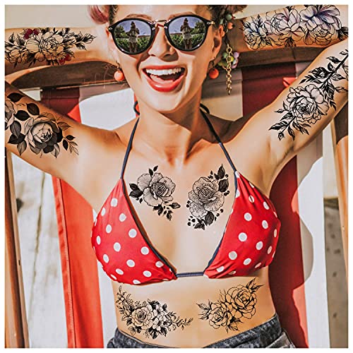 Semi Permanent Half Sleeve Tattoos Body Leg Makeup Waterproof, Flower Tatuajes Temporales-12 Sheets