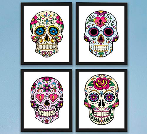 Sugar Skull Decor Art Prints | Set of 4 Photos 8x10 Unframed | Mexican Day of The Dead Gift