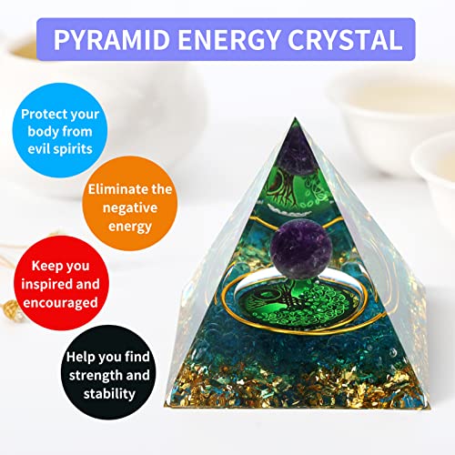 MXiiXM Orgone Pyramid for Positive Energy, Amethyst Crystal Ball Handmade Pyramid, Protection Crystals Energy Generator for Stress Reduce Healing Meditation Attract Wealth Lucky (Spiral Tree of Life)