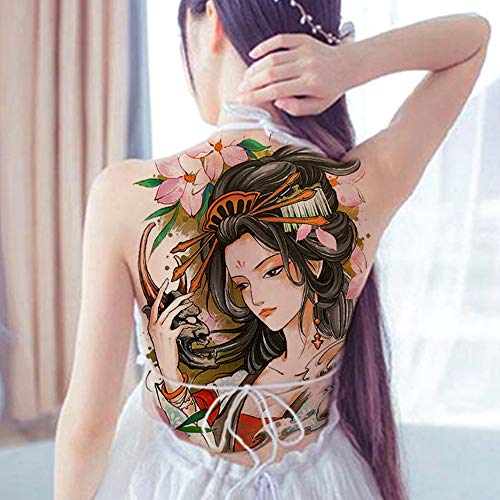 Beautiful Asian Woman in Full Color Full Back Tattoo - Temporary Waterproof and Durable