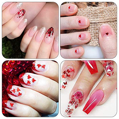 Valentine's Day 3D Red Holographic Nail Sequins, Butterfly Star Moon Assorted Pattern Flakes Glitter