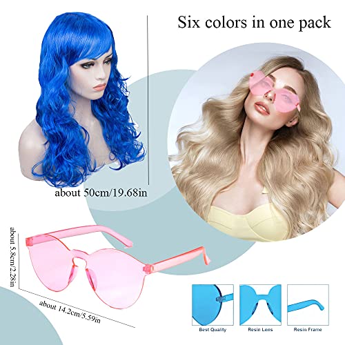 6 Pack Wavy Party Wigs Curly Color Wigs Halloween Bachelorette Party Includes 6 Pack Neon Party Glasses Blue, White, Green, Red, Purple, Pink