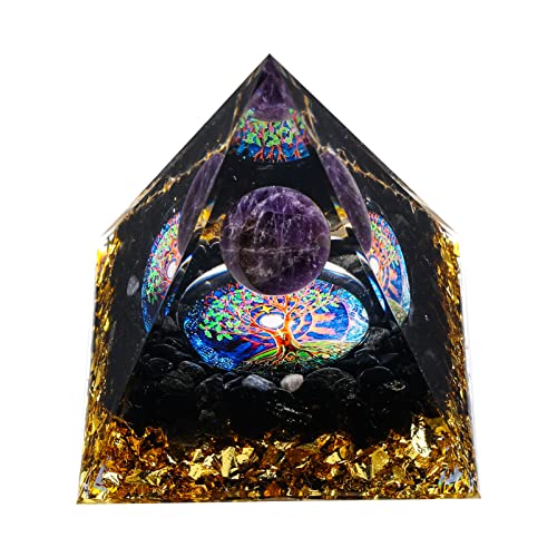 MXiiXM Orgone Pyramid for Positive Energy, Amethyst Crystal Ball Handmade Pyramid, Protection Crystals Energy Generator for Stress Reduce Healing Meditation Attract Wealth Lucky (Tree of Life)