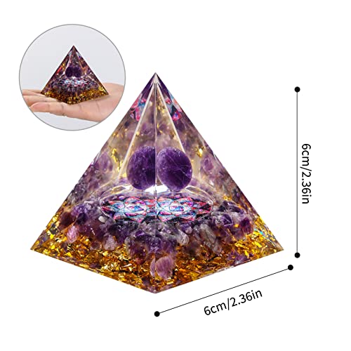 MXiiXM Orgone Pyramid for Positive Energy, Amethyst Crystal Ball Handmade Pyramid, Protection Crystals Energy Generator for Stress Reduce Healing Meditation Attract Wealth Lucky (Flower of Life)