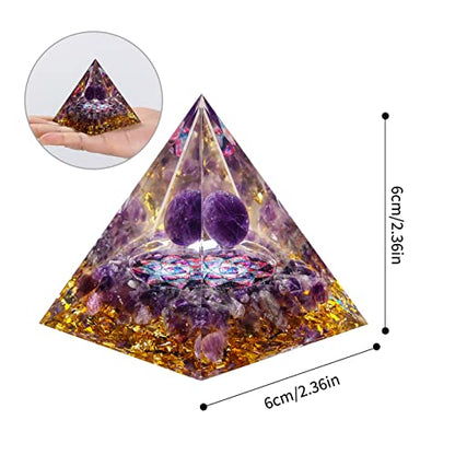 MXiiXM Orgone Pyramid for Positive Energy, Amethyst Crystal Ball Handmade Pyramid, Protection Crystals Energy Generator for Stress Reduce Healing Meditation Attract Wealth Lucky (Flower of Life)