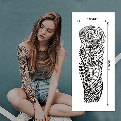 2 Sheets Art Temporary Tattoos, Extra Large Full Arm Fake Tattoos, Cool Waterproof Tattoo Stickers, Body/Leg/Arm Makeup Lasting Tattoos Sleeve for Adult/Man/Women, Fashion Black Realistic Tattoo