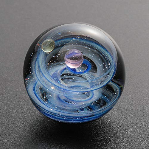Jovivi Universe Galaxy Space Lampwork Glass Ball Sphere Sculpture Figurine with Acrylic Stand,Unique Special Cosmos Design Series Nebula Ribbon Double-Planet