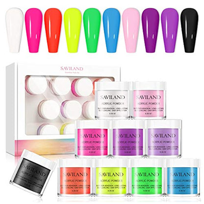 Saviland Acrylic Powder set - Neon Acrylic Nail Powder Set,10 Fluorescent Color Professional Polymer Kit Nail Extension for Nail Art
