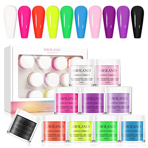 Saviland Acrylic Powder set - Neon Acrylic Nail Powder Set,10 Fluorescent Color Professional Polymer Kit Nail Extension for Nail Art