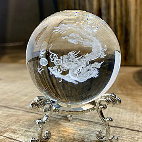 HDCRYSTALGIFTS Crystal 2.4 inch (60mm) Chinese Dragon Crystal Ball with Sliver-Plated Flowering Stand,Fengshui Glass Loong Ball Home Decoration