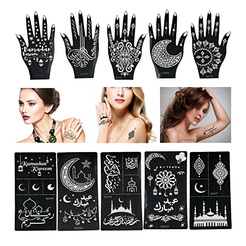 10 Sheets Henna Tattoo Stencils, Temporary Tattoo Stickers, Reusable Self-Adhesive Tattoo Templates with Moon Castle Pattern for Women and Girls Body Art Makeup Party Decoration