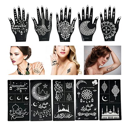 10 Sheets Henna Tattoo Stencils, Temporary Tattoo Stickers, Reusable Self-Adhesive Tattoo Templates with Moon Castle Pattern for Women and Girls Body Art Makeup Party Decoration