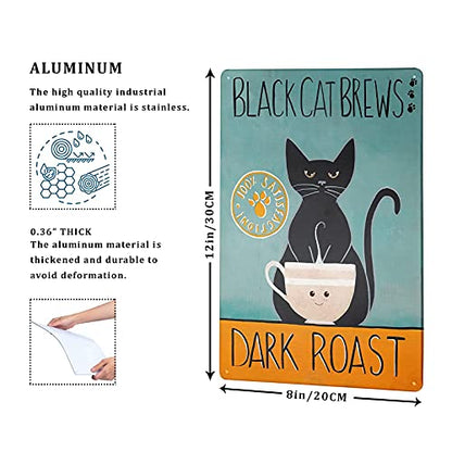 Black Cat Brew Dark Roast Wall Decor 12"x8" Inch Metal Tin Sign  Vintage Art Poster Plaque Home Wall Decor Gifts For Cat Coffee Lover Friend