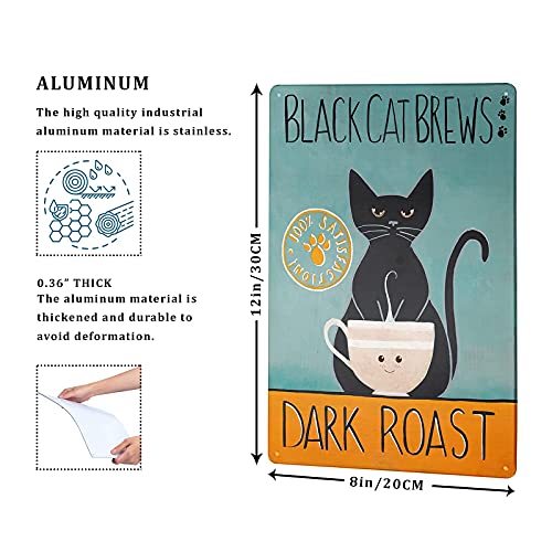 Black Cat Brew Dark Roast Wall Decor 12"x8" Inch Metal Tin Sign  Vintage Art Poster Plaque Home Wall Decor Gifts For Cat Coffee Lover Friend