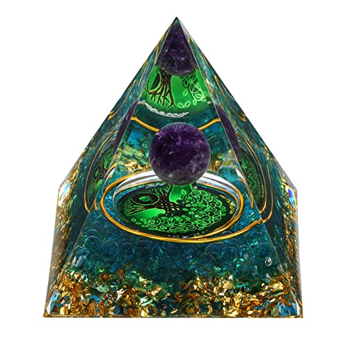 MXiiXM Orgone Pyramid for Positive Energy, Amethyst Crystal Ball Handmade Pyramid, Protection Crystals Energy Generator for Stress Reduce Healing Meditation Attract Wealth Lucky (Spiral Tree of Life)
