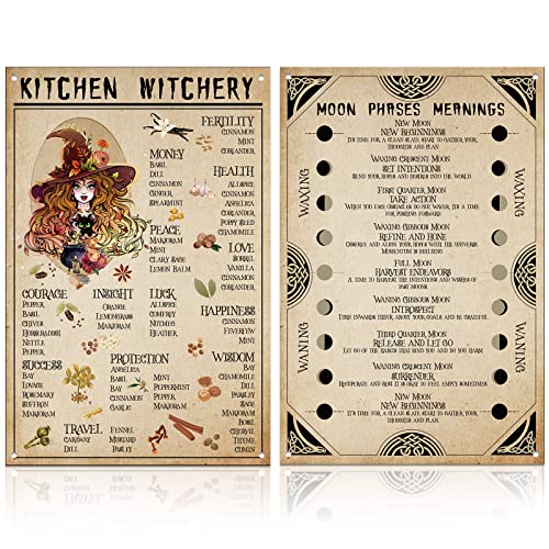 Set of 2 Kitchen Witch Metal Tin Signs Vintage Moon Phases Meanings Tin Metal Sign Vintage Rust Styled Home Decor Magic Knowledge Blessing