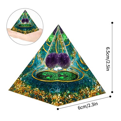 MXiiXM Orgone Pyramid for Positive Energy, Amethyst Crystal Ball Handmade Pyramid, Protection Crystals Energy Generator for Stress Reduce Healing Meditation Attract Wealth Lucky (Spiral Tree of Life)