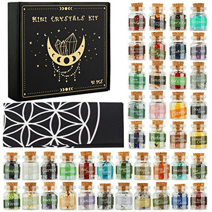 42 Pack Mini Crystals for Witchcraft, Crystal Chips Spell Jars Set, Tumbled Stones for Chakra Healing, Witch Stuff Gift for Beginners