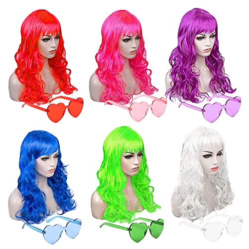 6 Pack Wavy Party Wigs Curly Color Wigs Halloween Bachelorette Party Includes 6 Pack Neon Party Glasses Blue, White, Green, Red, Purple, Pink