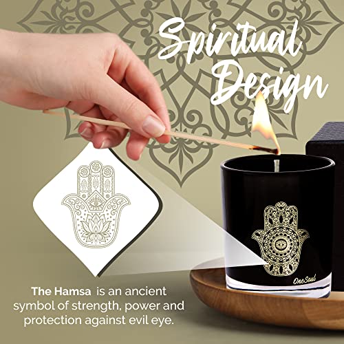 Moroccan Amber Aromatherapy Candle, Woody & Captivating Scented Candles, Luxury Candles Scented with Hamsa Design, Hand-Poured Soy Candle, 50 Hours Burn Time, 7.6 oz. - OneSoul Collection