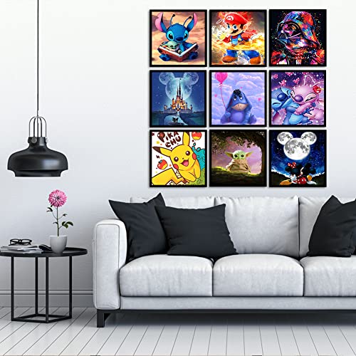 Star Wars and Other Cartoon Mega Collection Set of 9 Round Full Drill Crystal Rhinestone 5D Diamond DIY Crafts for Home Wall Decor (12x12inch)