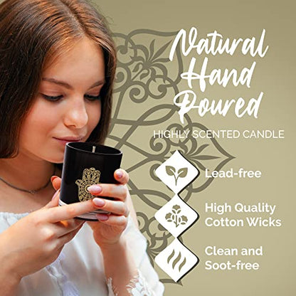 Moroccan Amber Aromatherapy Candle, Woody & Captivating Scented Candles, Luxury Candles Scented with Hamsa Design, Hand-Poured Soy Candle, 50 Hours Burn Time, 7.6 oz. - OneSoul Collection