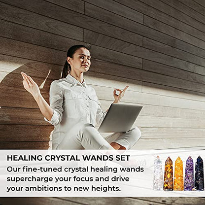 Healing Crystal Wand Set of 6 Orgonite – Includes 3” Amethyst Crystal, Tigers Eye, Rose Quartz, Black Tourmaline Stone, Citrine and Clear Quartz Orgone Crystal Plus Black Tourmaline Necklace