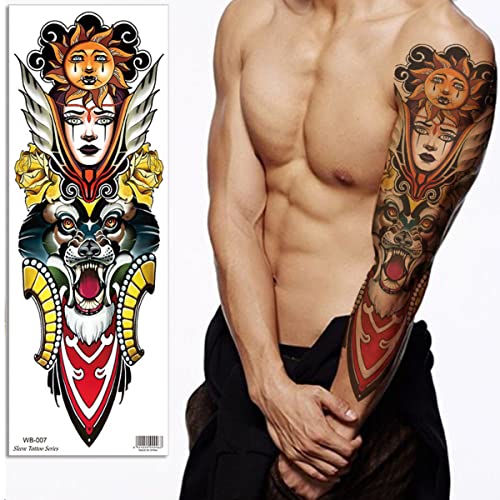 Temporary Tattoos for Adult Women 8 Sheets Full Arm Beauty and the Beast Personality Flower Arm Skull Devil Wolf Tattoo Sticker