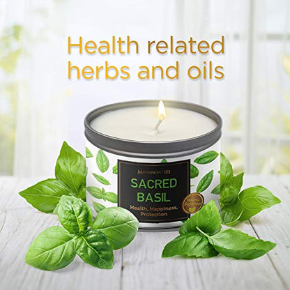 MAGNIFICENT 101 Sacred Plants Smudge Candle for House Energy Cleansing, Banish Negative Energy, Spiritual Purification and Chakra Healing - Natural Soy Wax Candle for Aromatherapy (Basil)