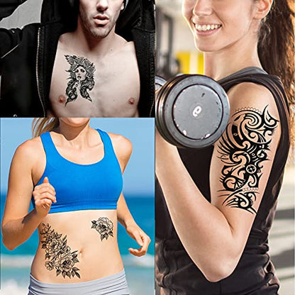 62 Sheets Black Large Temporary Tattoos Stickers for Women Men and Girl, Includes 10 Large Fake Tattoos That Look Real and Last Long