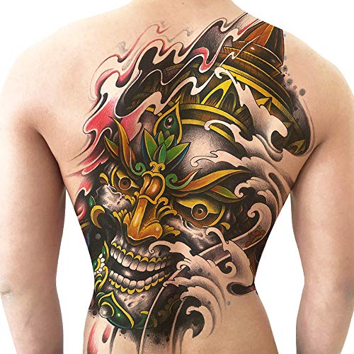 Colorful Day of the Dead Skull Full Back Tattoo - Temporary Waterproof and Durable