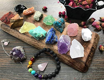 Tesh Care Chakra Therapy Starter Collection 17 pcs Healing Crystals kit, 7 Raw Chakra Stones,7 Colorful Gemstones, Amethyst,Rose Quartz Pendulum,Chakra Lava Bracelet,Dry Roses,Guide,COA,Gift Ready