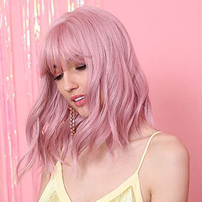 Natural Curly Dusty Rose Pink Wig With Bangs