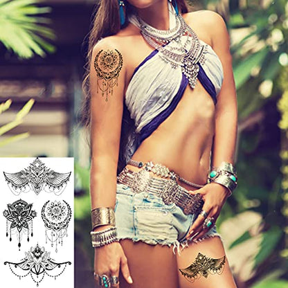 Temporary Tattoos 21 Sheets Waterproof Fake Tattoos Peony Body Art Arm Tattoo Black Henna Mandala Tattoo