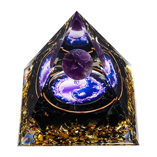 MXiiXM Orgone Pyramid for Positive Energy, Amethyst Crystal Ball Orgonite Pyramid, Protection Crystals Energy Generator for Stress Reduce Healing Meditation Attract Wealth Lucky (Tai Chi)