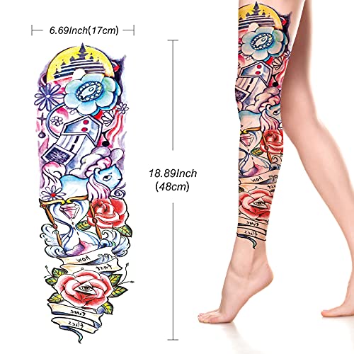 2 Sheets Full Sleeve Temporary Tattoos-Large Waterproof Black Long Full Arm Temp Fake Tattoos Sticker For Adults Women Kids Man Halloween Masquerade Fashion Body Art With Realistic Colorful Sandglass Roses Pattern