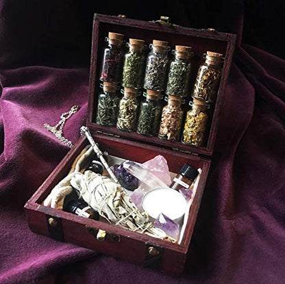 Witchcraft Travel Kit Travel Altar kit Potion Making kit Travel Apothecary kit Crystal Witchcraft Potion kit Wooden Box Witch kit sage Incense Rose Quartz Crystals sage Bundles palo Santo