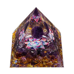 MXiiXM Orgone Pyramid for Positive Energy, Amethyst Crystal Ball Handmade Pyramid, Protection Crystals Energy Generator for Stress Reduce Healing Meditation Attract Wealth Lucky (Flower of Life)