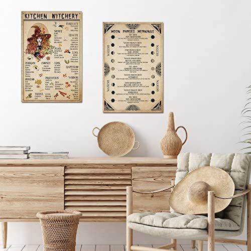 Set of 2 Kitchen Witch Metal Tin Signs Vintage Moon Phases Meanings Tin Metal Sign Vintage Rust Styled Home Decor Magic Knowledge Blessing