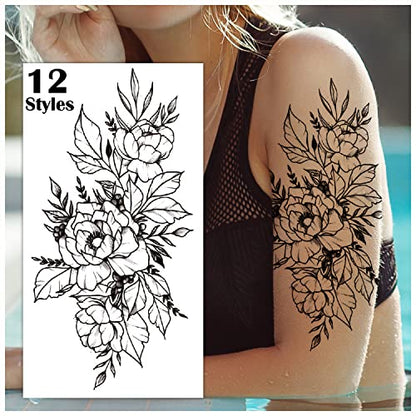 Semi Permanent Half Sleeve Tattoos Body Leg Makeup Waterproof, Flower Tatuajes Temporales-12 Sheets