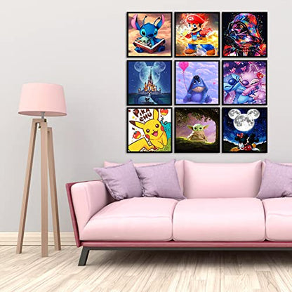 Star Wars and Other Cartoon Mega Collection Set of 9 Round Full Drill Crystal Rhinestone 5D Diamond DIY Crafts for Home Wall Decor (12x12inch)
