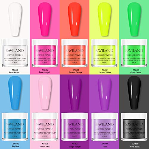 Saviland Acrylic Powder set - Neon Acrylic Nail Powder Set,10 Fluorescent Color Professional Polymer Kit Nail Extension for Nail Art