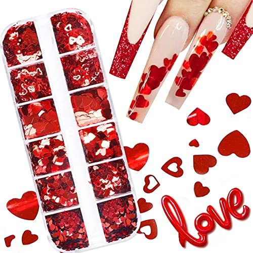 Valentine's Day Heart Nail Art Glitter Sequins 12 Grids Holographic Heart Nail Confetti 3D Laser Mixed Heart Shape Nail Decals Shiny Design Nail Glitter Flakes for Women Girls Manicure Kit Decorations Valentines Day Heart Nail Art Holographic Confetti 3D Laser Mixed Heart Shape Nail Decals Flakes Manicure Kit Decorations