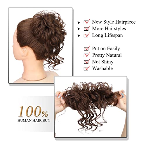 100% Human Messy Hair Bun Scrunchies Ponytail Extension Human Hair Tousled Updo Chignon Hair Piece (Light Brown)