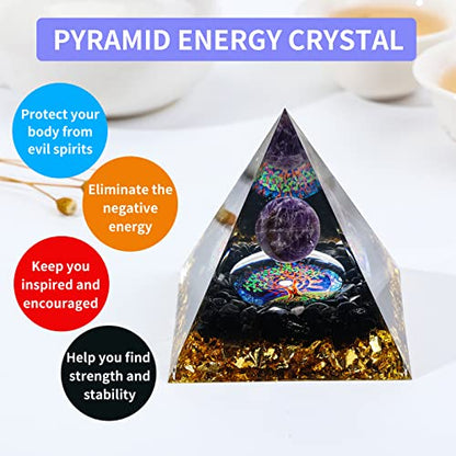 MXiiXM Orgone Pyramid for Positive Energy, Amethyst Crystal Ball Handmade Pyramid, Protection Crystals Energy Generator for Stress Reduce Healing Meditation Attract Wealth Lucky (Tree of Life)