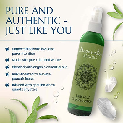 Sage Spray for Cleansing Negative Energy | Moon Water for Energy Cleansing | Great Negative Energy Protection | 2 Clear Quartz Crystals + Ebook to Maximize Potential | Moonwater Elixirs 2 pack (16oz)