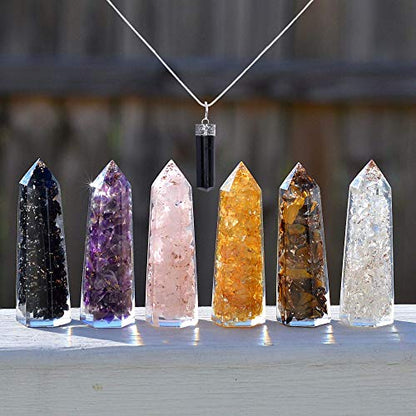 Healing Crystal Wand Set of 6 Orgonite – Includes 3” Amethyst Crystal, Tigers Eye, Rose Quartz, Black Tourmaline Stone, Citrine and Clear Quartz Orgone Crystal Plus Black Tourmaline Necklace