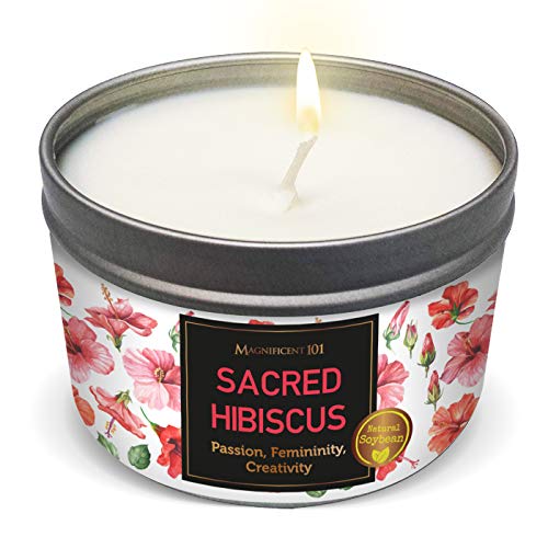 MAGNIFICENT 101 Sacred Plants Smudge Candle for House Energy Cleansing, Banish Negative Energy, Spiritual Purification and Chakra Healing - Natural Soy Wax Candle for Aromatherapy (Hibiscus)